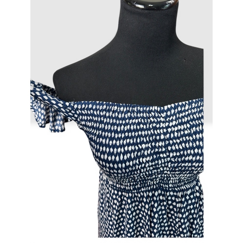 Tiare Hawaii Blue White Smocked Maxi Dress OS Off Shoulder Boho Coastal Resort - Picture 6 of 11